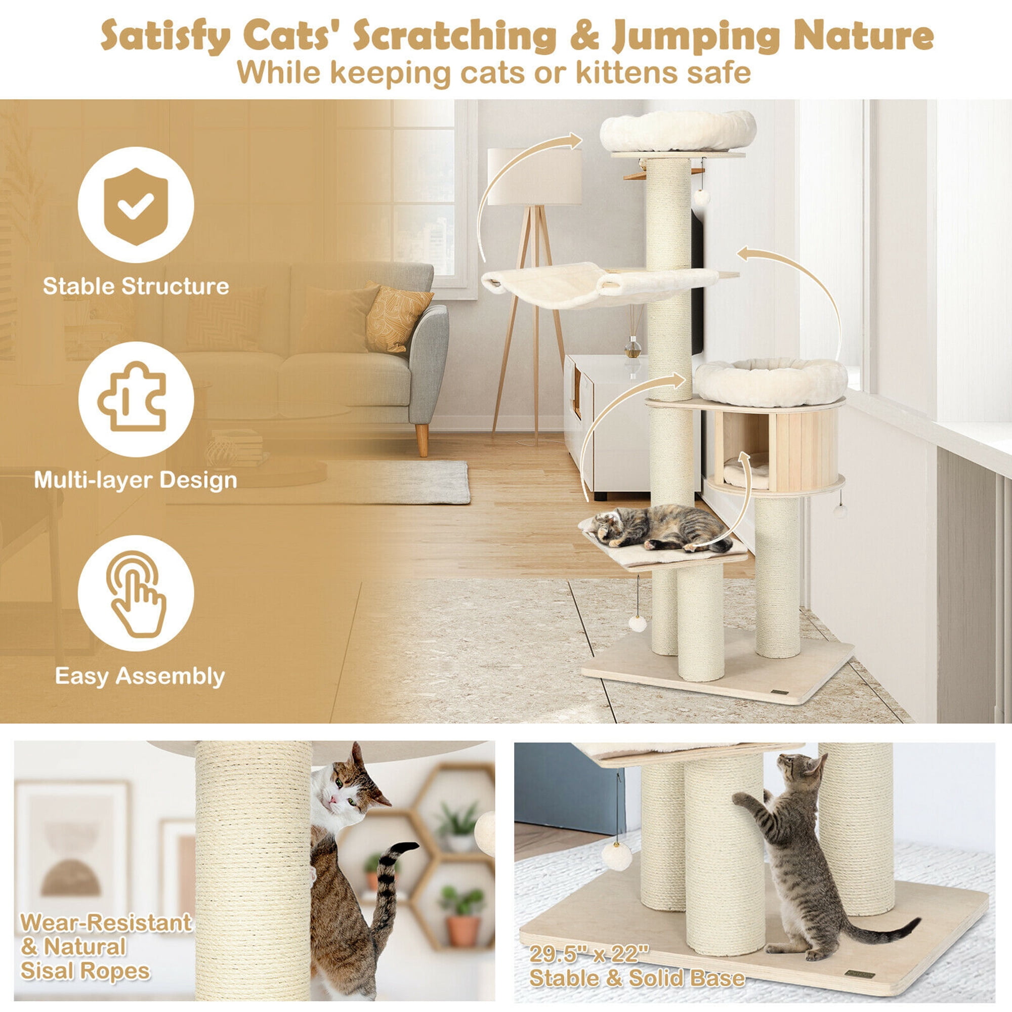 Gymax 68.5'' Cat Tree Condo 4-Layer Wooden Kitten Activity Tower w/ Sisal Posts