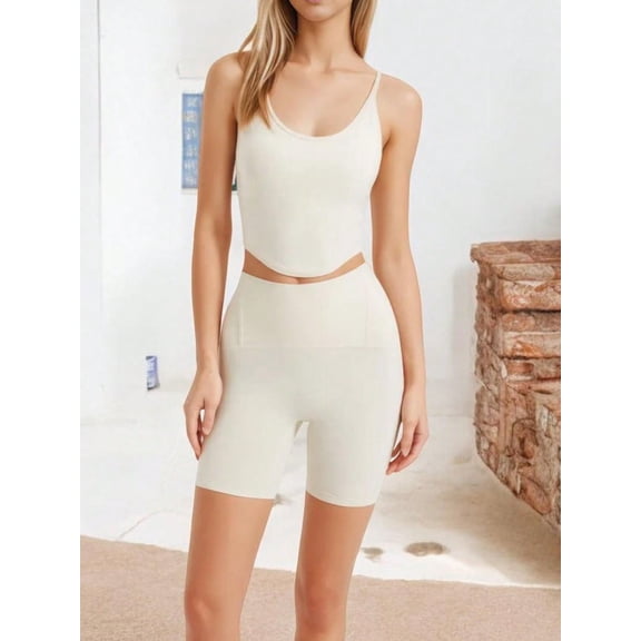 Women's Scoop Neck Cropped Sports Tank Top with Thin Straps - Small, Ivory