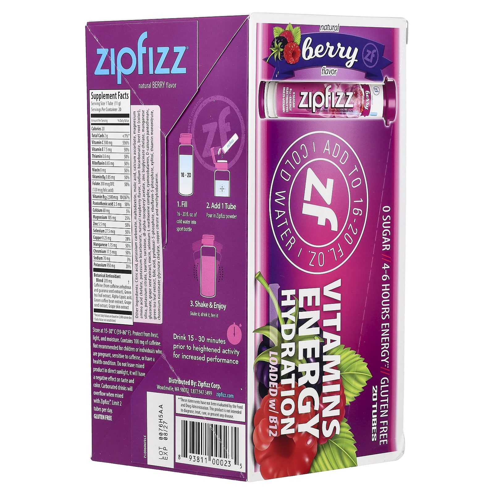 Zipfizz Sugar-Free Energy Drink Mix, Berry Flavor, 20 Tubes