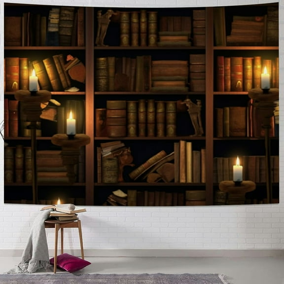 PRATYUS Old Bookshelf Candle Print Fabric Tapestry Decorative Wall Art Tablecloth Bedspread Picnic Blanket Beach Throw Blanket Multifunctional for Bedroom Hall Dormitory Living Room Hanging 40x30inch