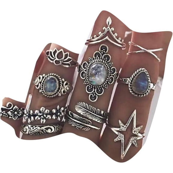 11 Pcs Bohemian Stackable Joint Knuckle Ring Set Carved Flower Star Leaf Gemstone Midi Ring Vintage Finger Rings for Women