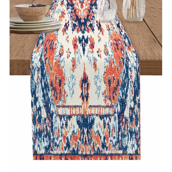 Boho Flower Table Runner-Cotton Linen- 72 Inch Holiday Dresser Scarves, Vintage Tribal Orange Blue Traditional Ethnic Tablerunner for Kitchen Coffee/Dining Living Room Dinner Scarf Décor 13x72