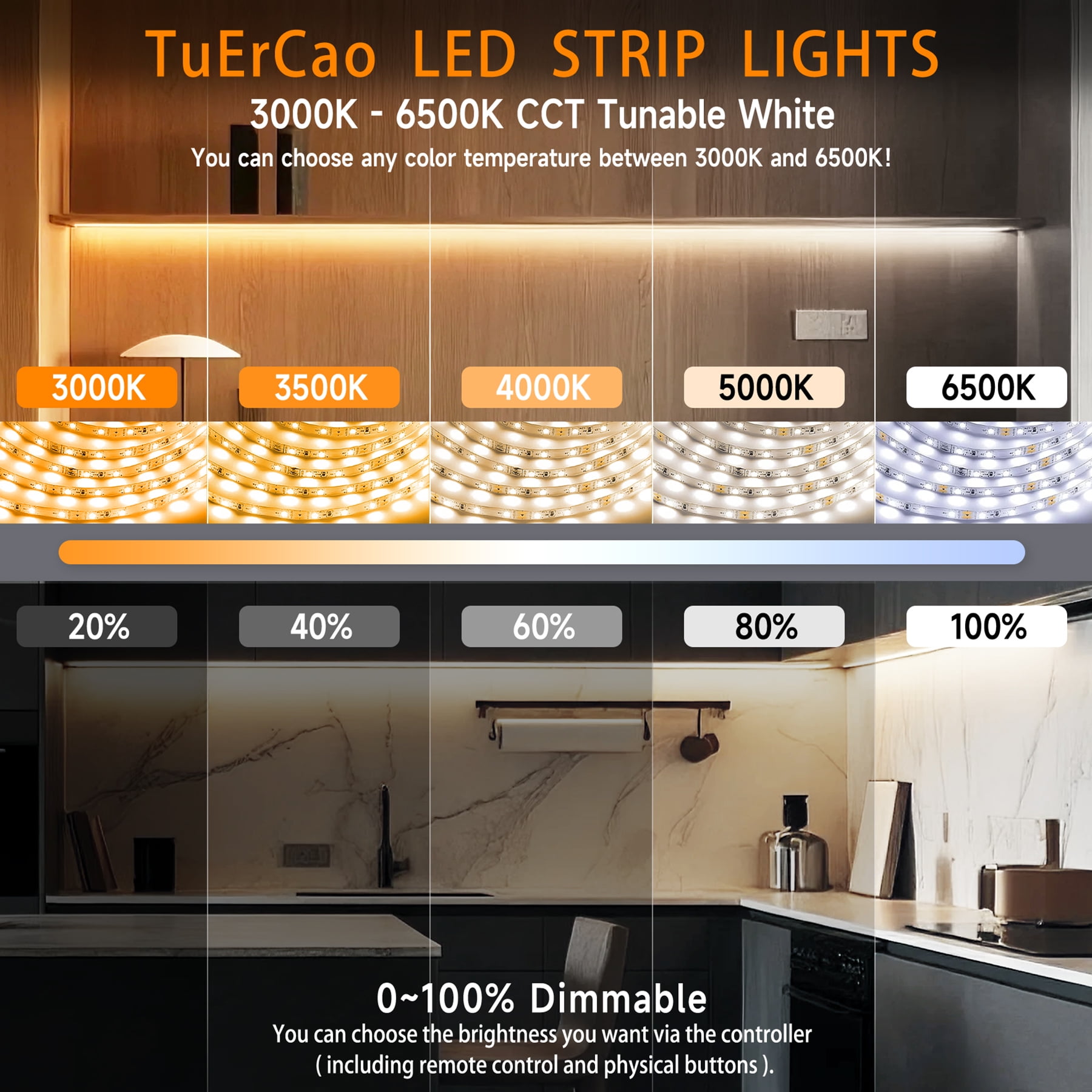 32.8ft Dimmable LED Strip Lights, 24V with Remote Control, 3000K-6500K Adjustable White Light for Bedroom, Kitchen, Cabinet