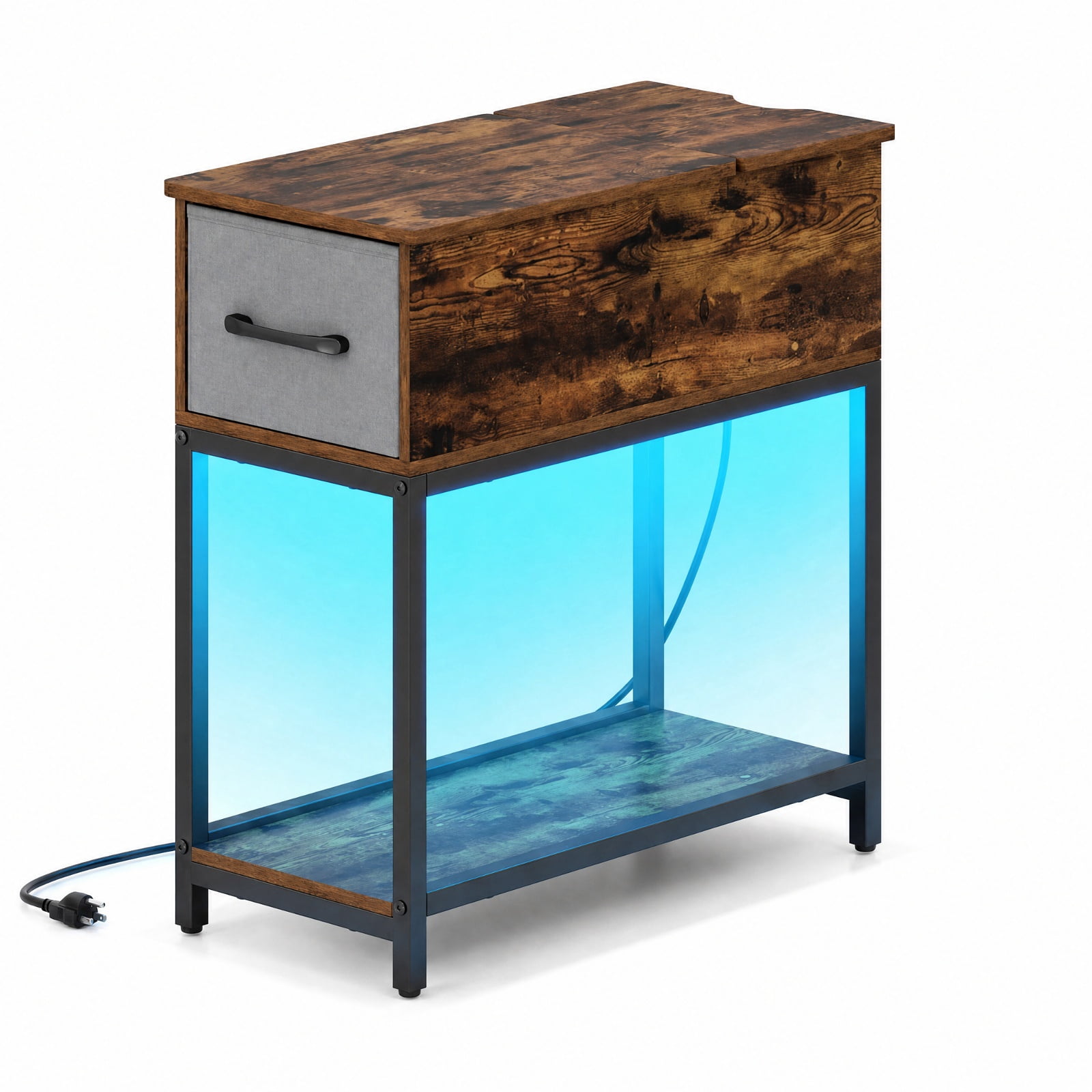 Furnibear Narrow Side Table with Charging Station LED Lights and Fabric Drawer Industrial End Table for Living Room Bedroom Sofa Side, Brown