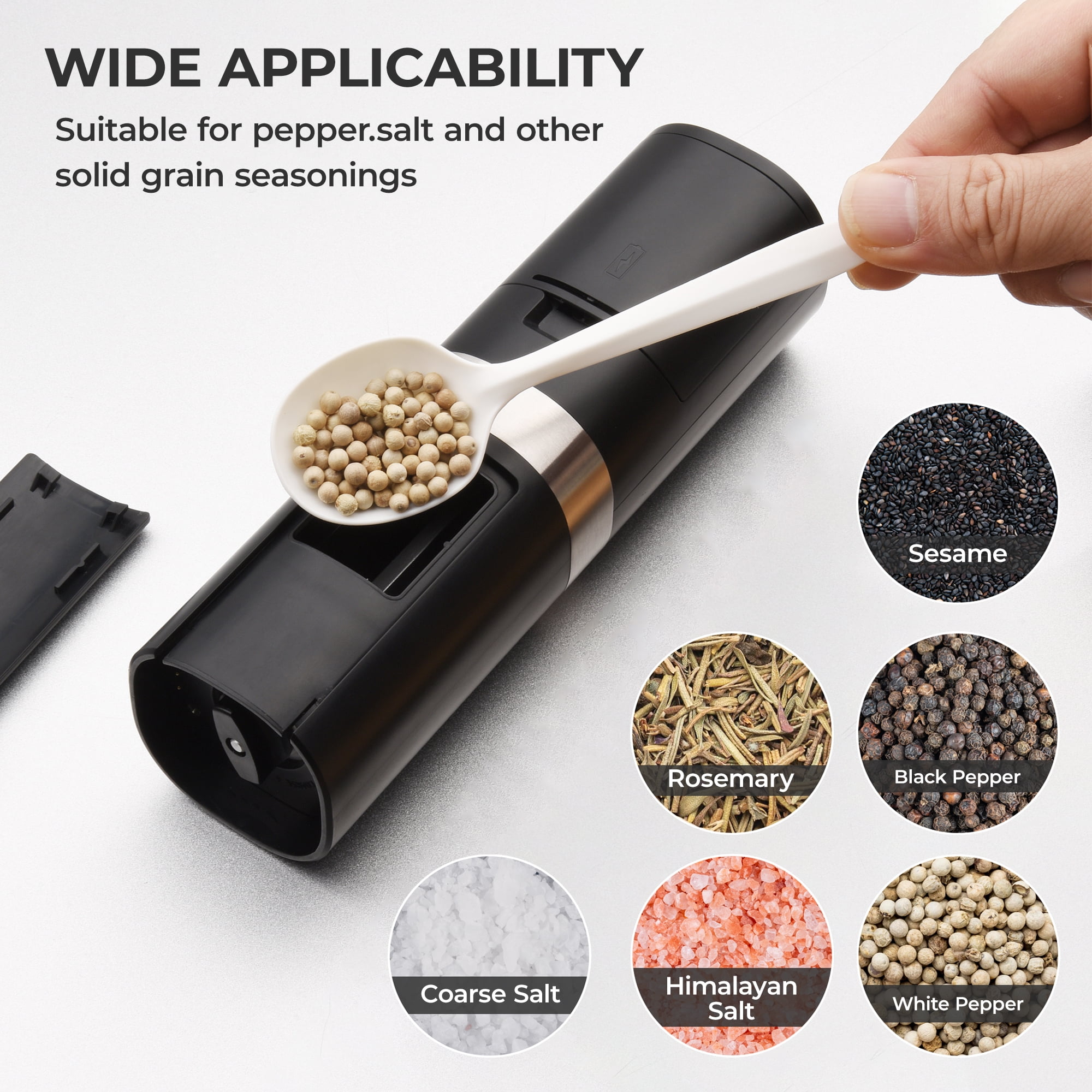 FVLOENG Electric Pepper and Salt Grinder Set, Rechargeable Battery Operated Automatic Salt Mill ,Adjustable Coarseness, Powered Spice Grinder, with Rechargeable Base, One Hand Operation , Black 2 Pcs