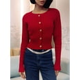 thumbnail image 6 of Women Elegant Round Neck Long Sleeve Button Down Cropped Knitted Cardigan Fall Slim Fit Sweaters Tops Red L, 6 of 10