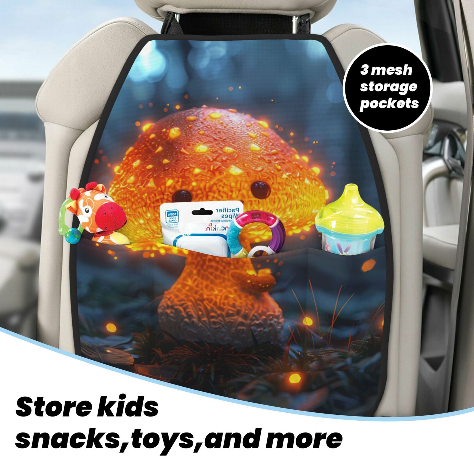 Xecao Glowing Mushroom In Forest Pattern Car Seat Back Protector 2 Pack Large Capacity Pocket, Kick Mats Back Seat Protector