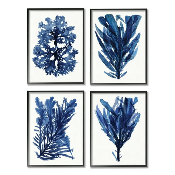 Stupell Industries Indigo Blue Ocean Plants Coastal Sea Kelp Nature Painting Black Framed Art Print Wall Art, 11 x 14, Set of 4
