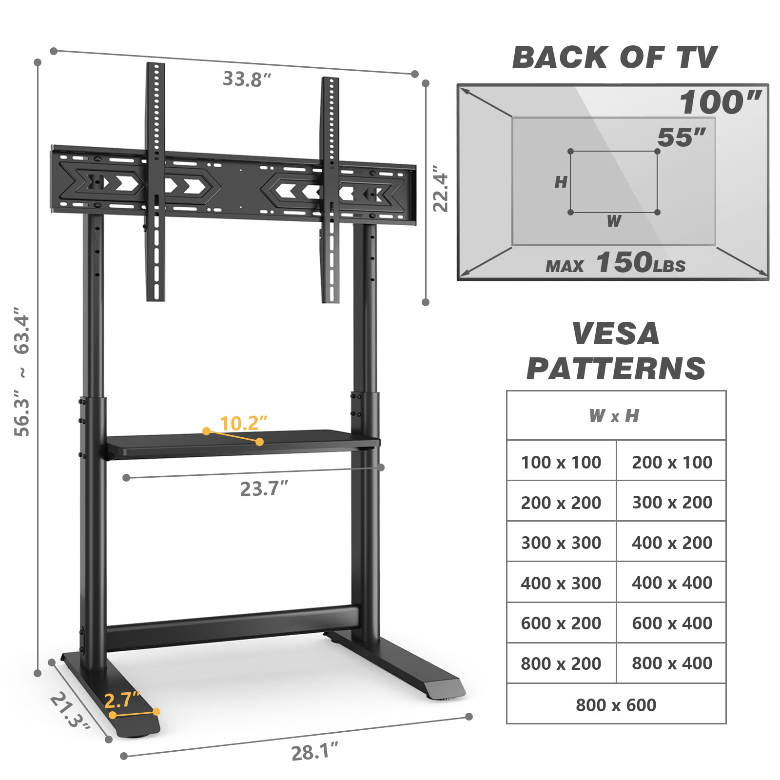 RTVR Floor TV Cart Stand with Mount for 55 to 100 inch Screens up to 150 lbs Heavy Duty Conner TV Stand, Black