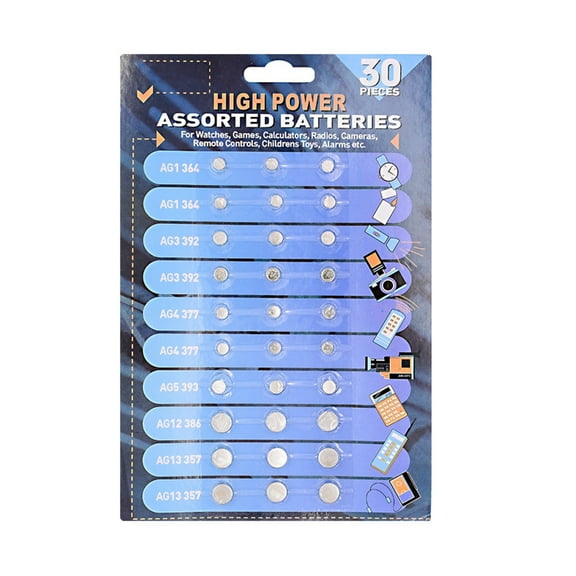 Pack of 30 Button Cell Batteries Coin Cell Battery for Watches and Games