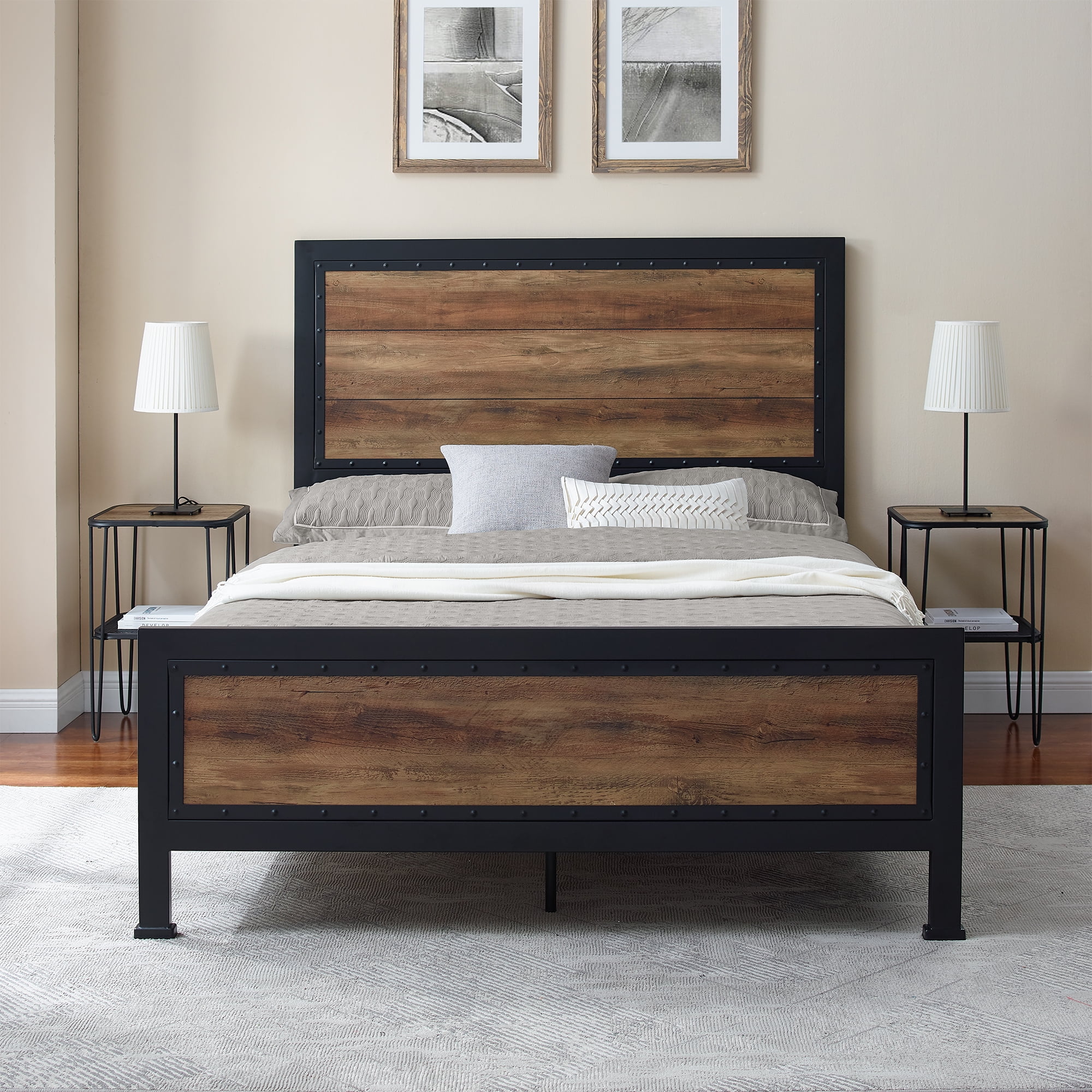 Santiago Riveted Plank Rustic Oak Queen Size Bed by Walker Edison