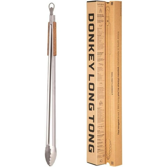 BBQ Tongs 32 inch Extra Long Grill Tongs - Donkey Long Tong - Stainless Steel, Locking Tongs, Bottle Opener, Wooden Handles, Premium Tongs