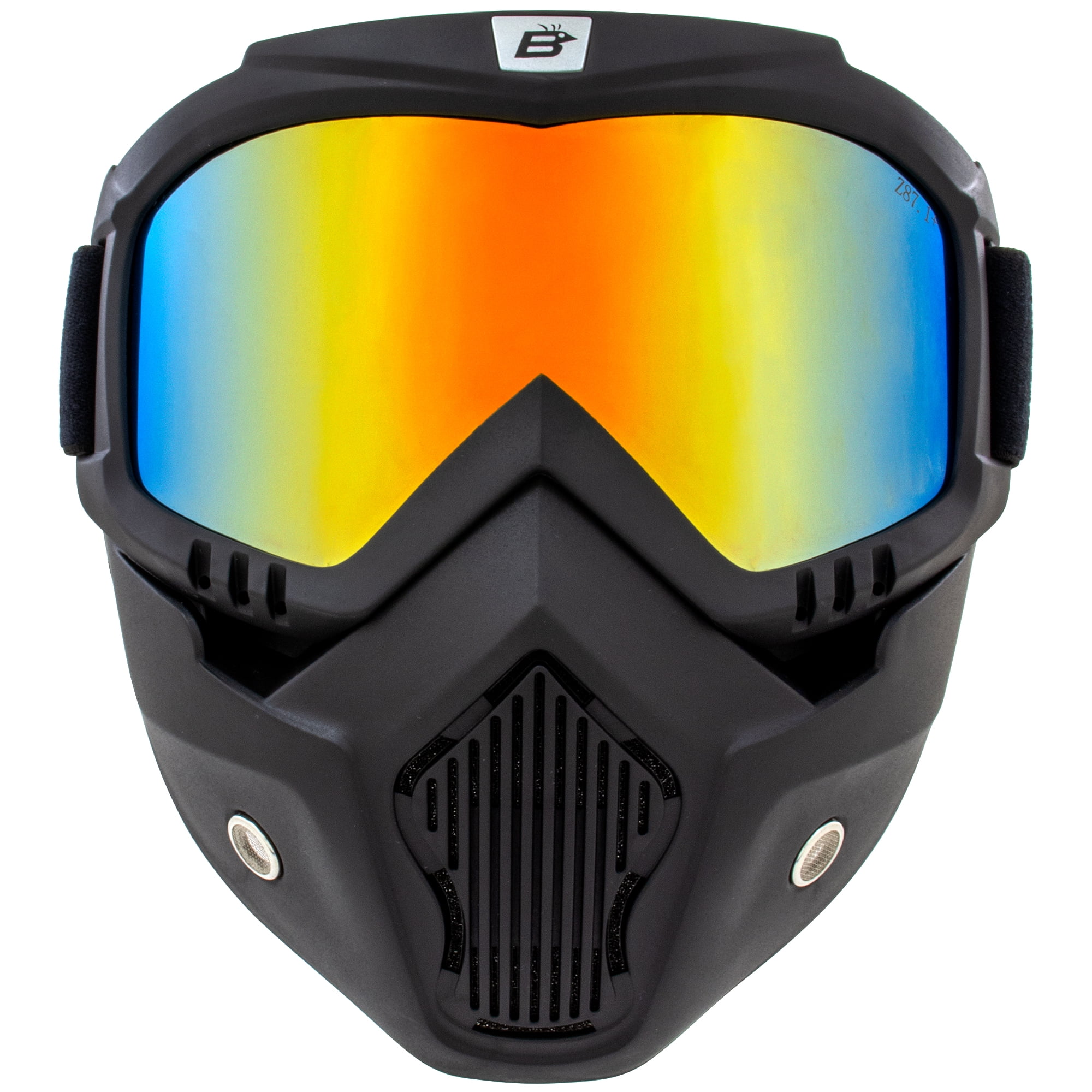 Birdz Skylark Motorcycle Black Goggles Face Mask ReflecTech Blue Mirror Lens