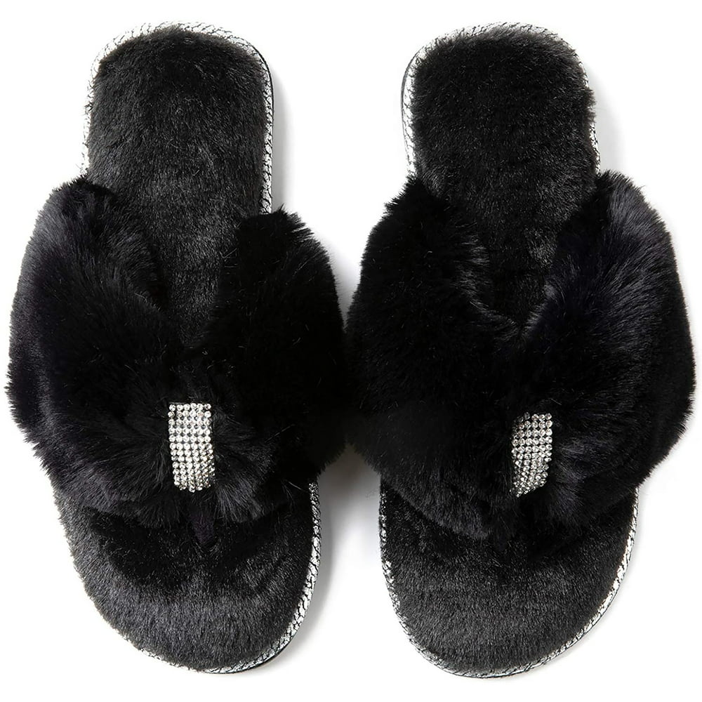 RockDove RockDove Women's Rhinestone Faux Fur Flip Flop House Slipper