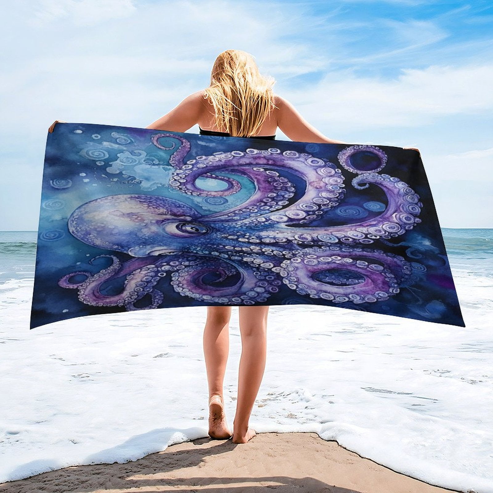 MaSiledy Beach Towels Watercolor Octopus Nautical Coastal Personalized Beach Towels Microfiber Absorbent Quick Dry Octopus Decor Microfiber Sand Free for Kids Adults 30x60 inch
