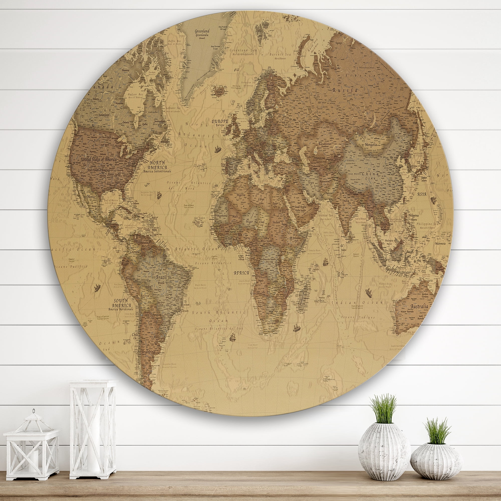 Designart 'Ancient World Map III' Vintage Circle Metal Wall Art 29x29 - Disc of 29