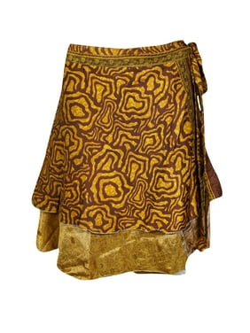 Mogul Women Yellow Brown Silk 2 Layer Sari Reversible Mini Printed Wrap Skirts