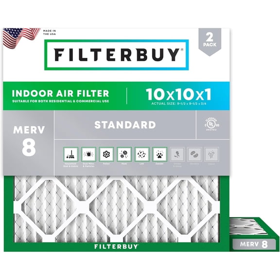Filterbuy 10x10x1 Air Filter MERV 8 Dust Defense, Pleated HVAC AC Furnace Filter Replacement, 2-Pack