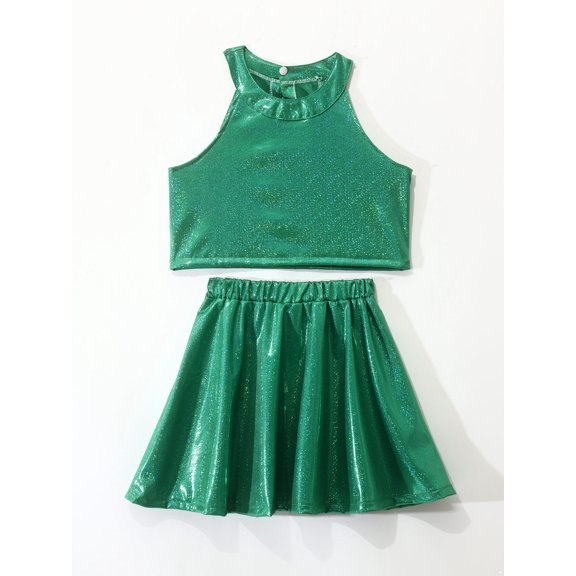 Miutii Kids Shiny Jazz Disco Outfits Cheer Outfit Hip Hop Dance Dress Sets for Competitions Cha-cha Green 2-6