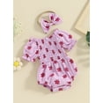 thumbnail image 3 of Suealasg Newborn Baby Girl Summer Outfits Short Puff Sleeve Floral Print Romper Bodysuit with Headband Set 2Pcs Birthday Photoshoot Dress Clothes, 3 of 8