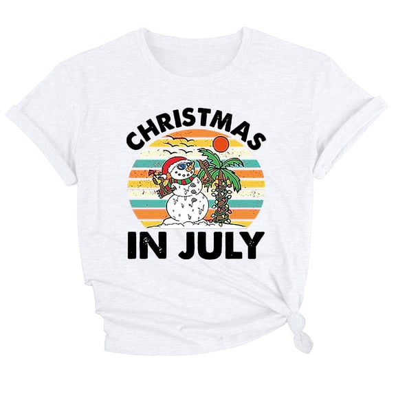 WEIWEN Christmas In July Tops for Women Trendy 2026 Funny Melting Snowman Surfer Beach T Shirts Womens Summer Outfits Holiday Short Sleeve Graphic Tees White, S