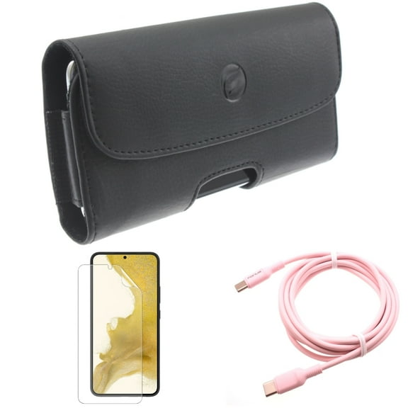 Pink 10ft Long Cable & Case Belt Clip & Matte Screen Protector for Samsung Galaxy S22 (6.1") - USB-C to Type-C PD Fast Charger & Leather Holster & TPU Film Anti-Glare Accessory Bundle