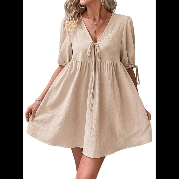 Vestido Informal de Verano 2025 para Mujer, de Corta, Corte A, con Lazo y Lazo Al Frente, Estilo Babydoll, Holgado y . Caqui XL