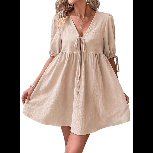 Vestido Informal de Verano 2025 para Mujer, de Corta, Corte A, con Lazo y Lazo Al Frente, Estilo Babydoll, Holgado y . Caqui L