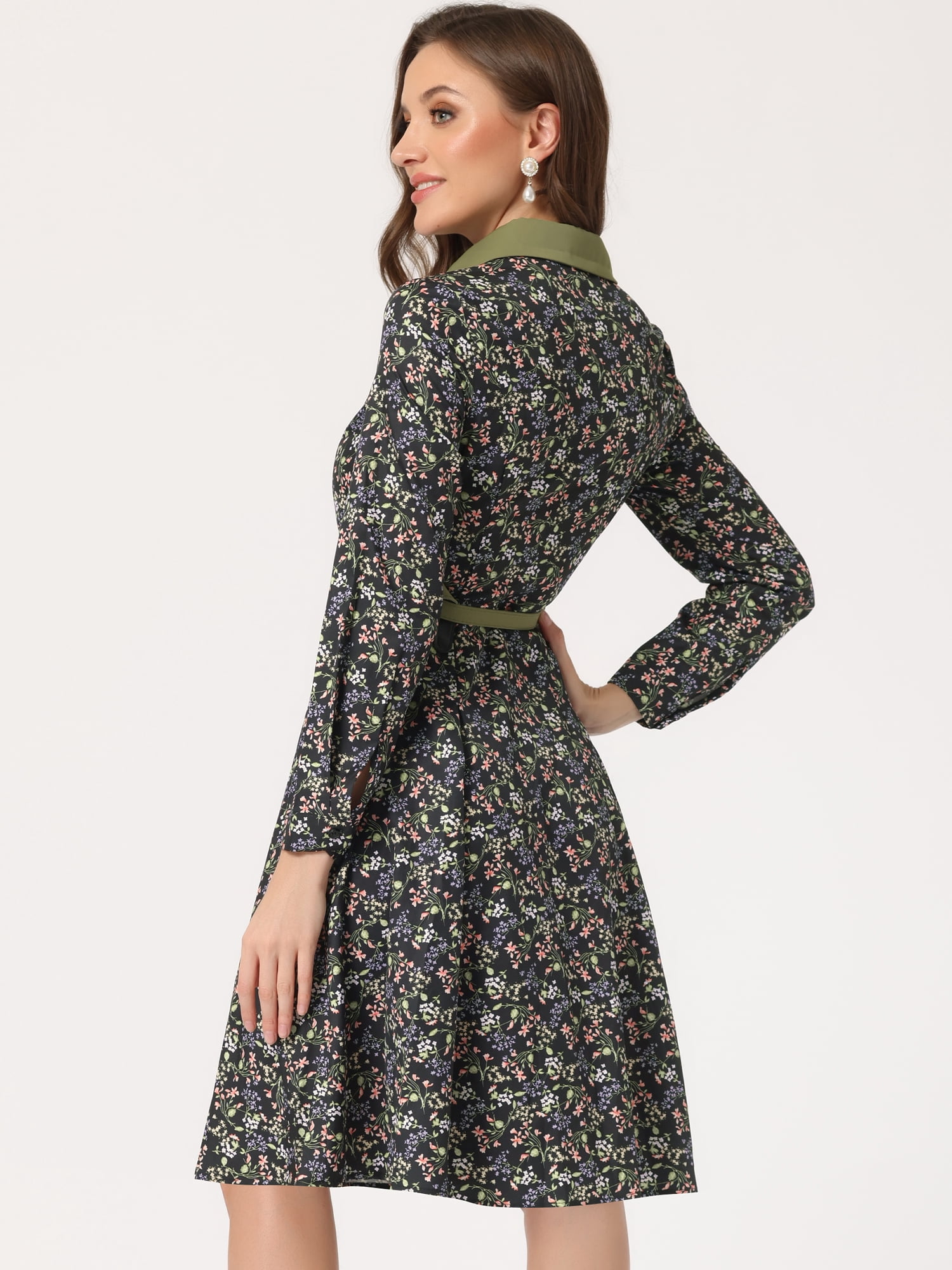 Unique Bargains Women's Floral Contrast Collar Belted Work Office Knee Length Dress L Blacks