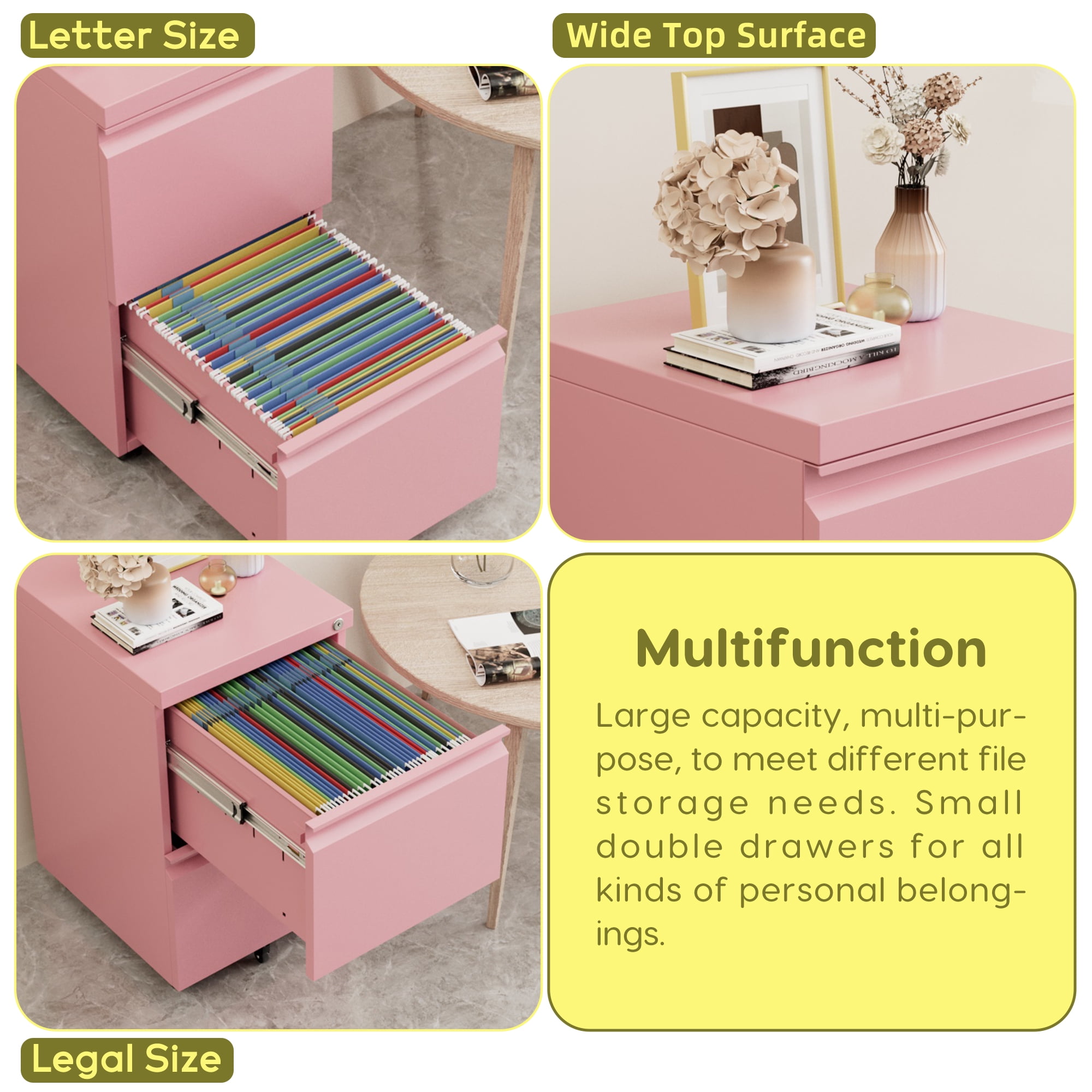 Gaeanet 2 Drawer Mobile File Cabinet, Lockable Metal Filing Cabinet with Wheels for Home Office, Legal/Letter Size,Pink,Fully Assembled Except Wheels