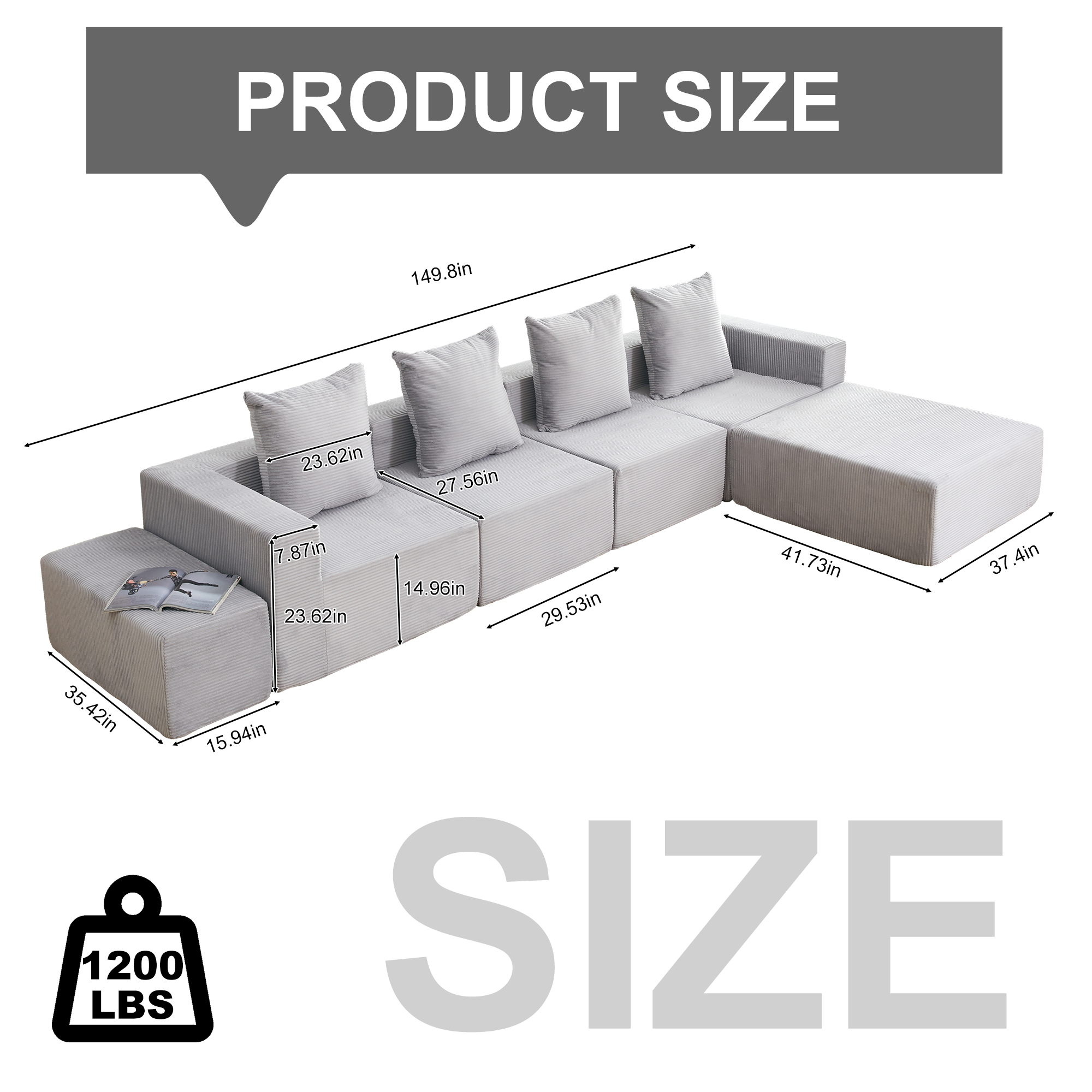 MOONMISS 4-Seat Modular Sofa Sectional with Oversized Chaise & Ottomans - Cloud Couch in Soft Corduroy Fabric for Small Spaces, Living Room, Apartment (Gray)