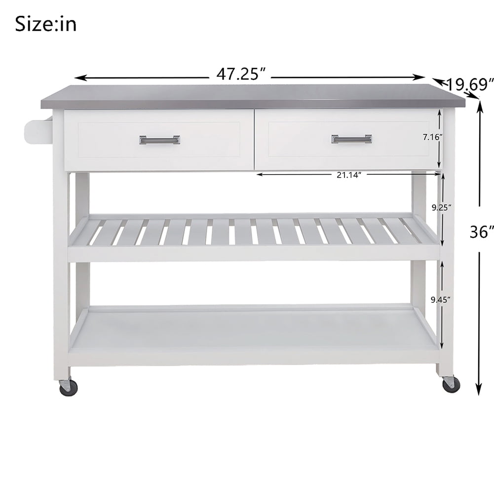 Kitchen Island Cart with Stainless Steel Top,47.25" Width Mobile Carts with 2 Drawers,2 Opening Shelves,Rolling Kitchen Table,Portable Islands on Wheels