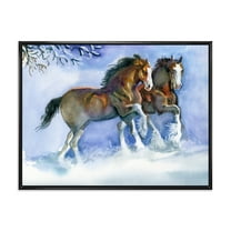 Designart 'Horses Running In Winter On Blue' Farmhouse Framed Canvas Wall Art Print