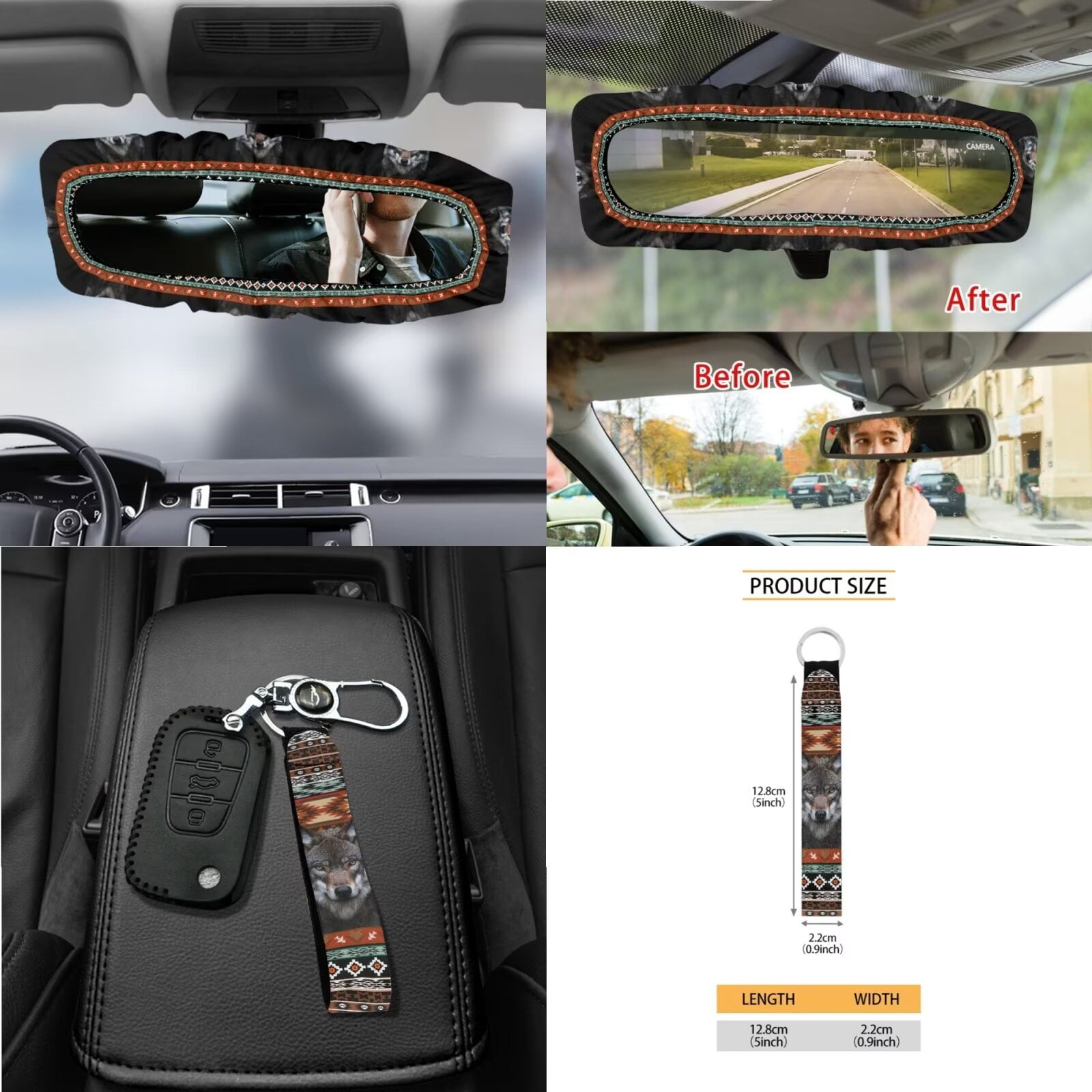 KUIFORTI Boho Car Seat Covers Full Set of 15, Wolf Car Seat Cover/Steering Wheel Cover/Seatbelt Shoulder Pads/Key Chain/Car Trash Bag/Car Vent Storage Organizer/Coasters/Rear View Mirrow Cover