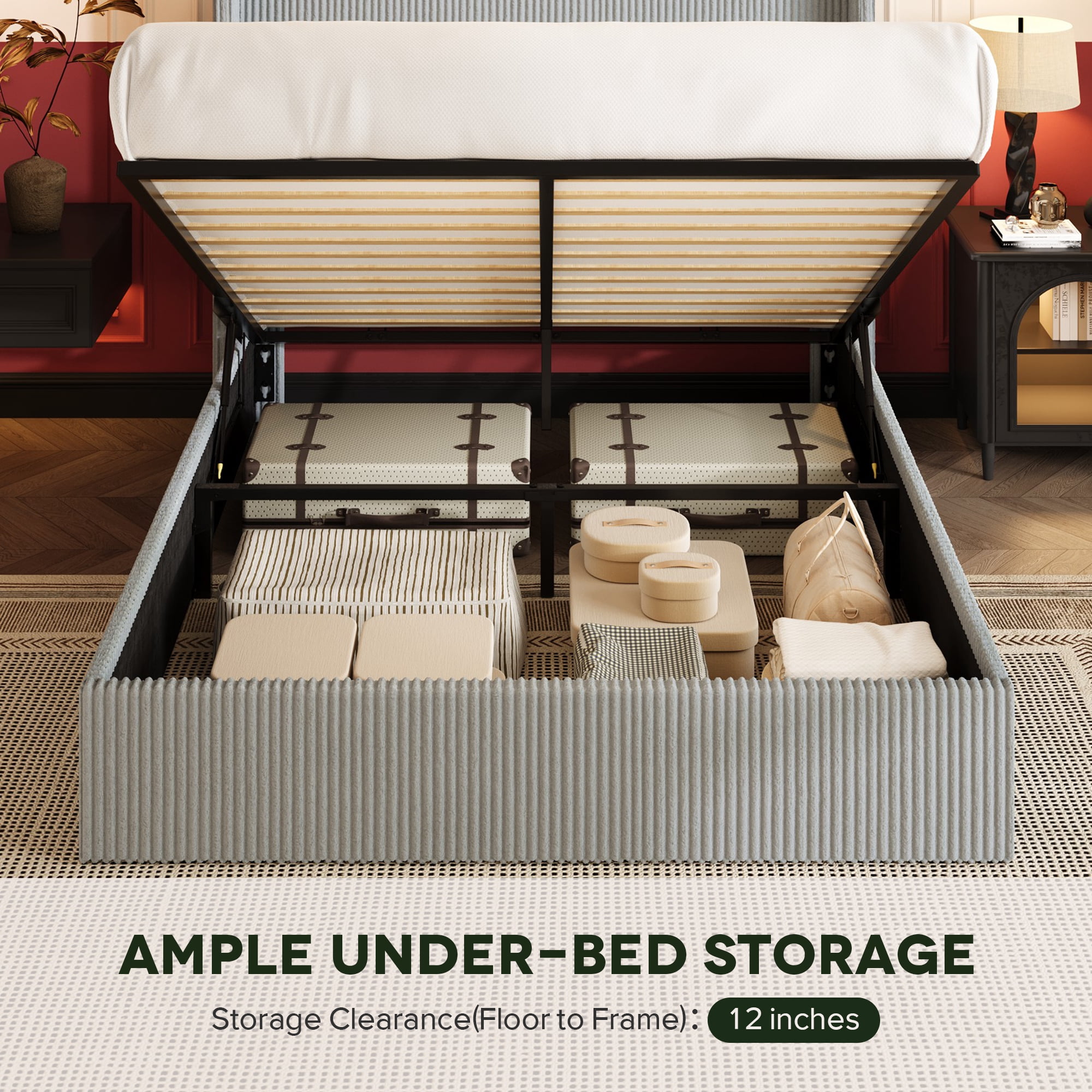 Einfach Queen Size Hydraulic Lift Up Storage Bed Frame, Corduroy Upholstered Wingback Headboard, Ample Under-bed Storage, Gray