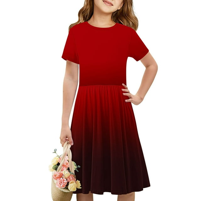 Été jusqu'à 65 % de Rabais Iumwxz Robe Décontractée Trapèze Robe Tunique pour Adolescentes Robes Col Rond Dégradé Graphique Robe à Manches Courtes pour Enfants Robes Tendance pour Costume 4-14 Ans