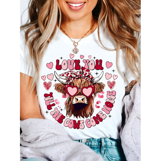Women'S Highland Cow Valentine'S Print T-Shirt, "Love You Until The Cows Come Home" Crew Neck, Casual Summer Knit Fabric Top with Medium Stretch, 100% Cotton, Geometric Pattern - 190g/m²