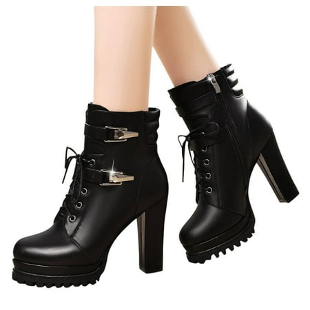 

Oyedens Combat Boots for Women Vintage Gothic Black Leather Platform High Heels Dress Ankle Booties