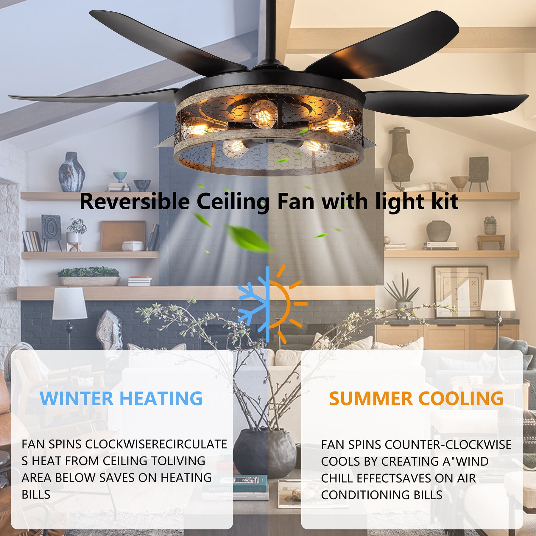 Ohniyou 52" Caged Farmhouse Ceiling Fan with Lights and Remote 6 Blades Fandalier Indoor Outdoor Ceiling Fans for Patio Living Room Kitchen, Black