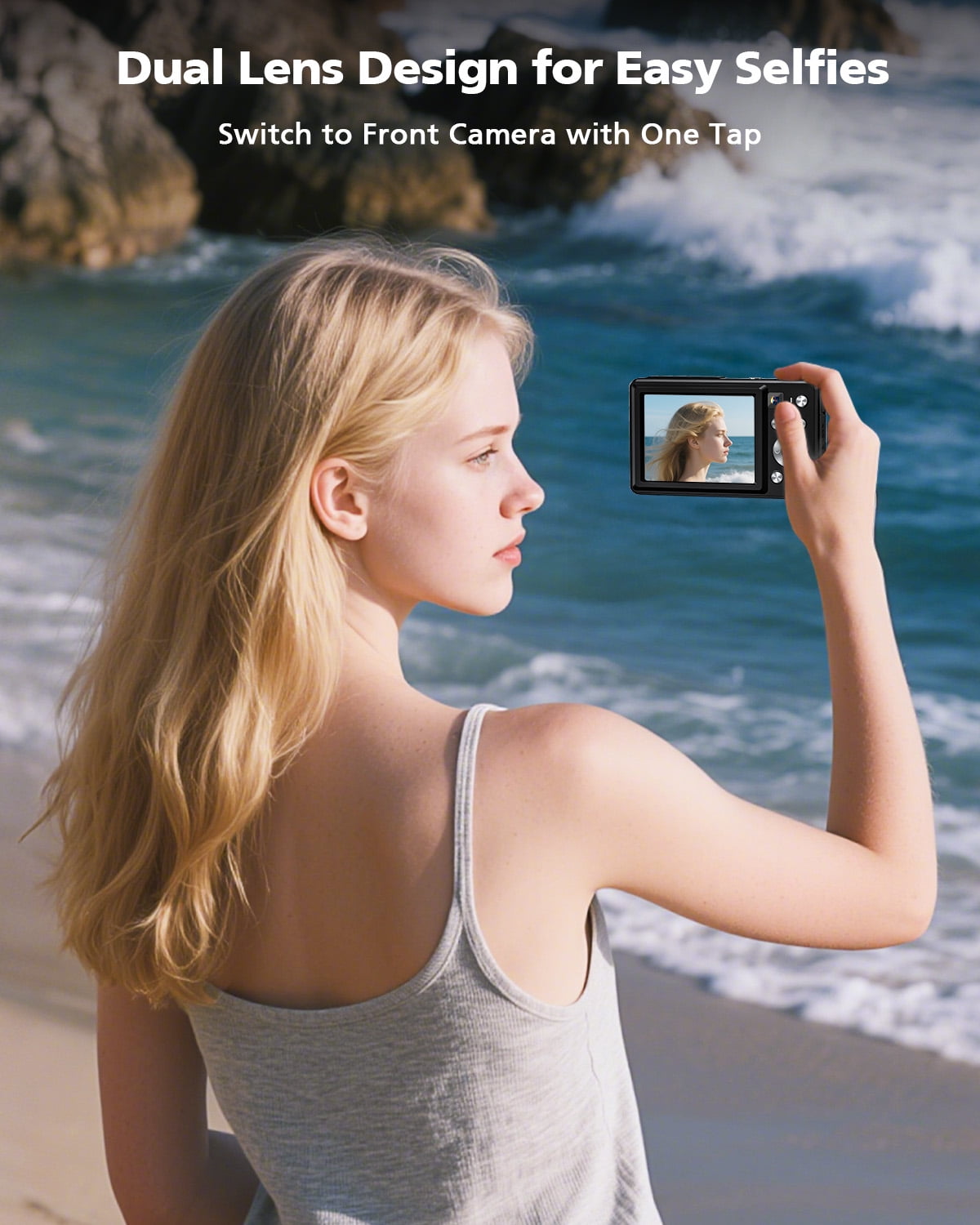 64MP Digital Camera, 4K Autofocus Compact Camera with LED Flash, 16X Zoom, IPS Screen, 256GB TF Card Support, Easy-to-Use for Kids, Teens & Adults（Black）