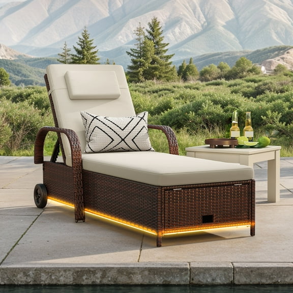 Dextrus LED Outdoor Lounge Chair with 5-Level Recline, Wheels, Storage, Patio Wicker Chaise, Brown/Beige