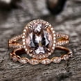thumbnail image 2 of 11x9mm Oval Cut 5.75 Carat Morganite 10k Rose Gold Wedding Set Diamond Moissanite Bridal Ring Split Shank Art Deco Stacking Matching Band, 2 of 6