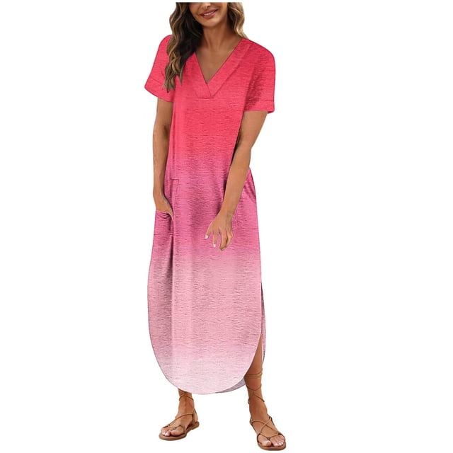Vestido de Manga Corta para las Mujeres, Vestido Casual de Cuello en V de Bolsillo de Impresión de Moda Sexy Hecho de Poliéster Ligero para el Verano, Vestido de Verano para las Mujeres