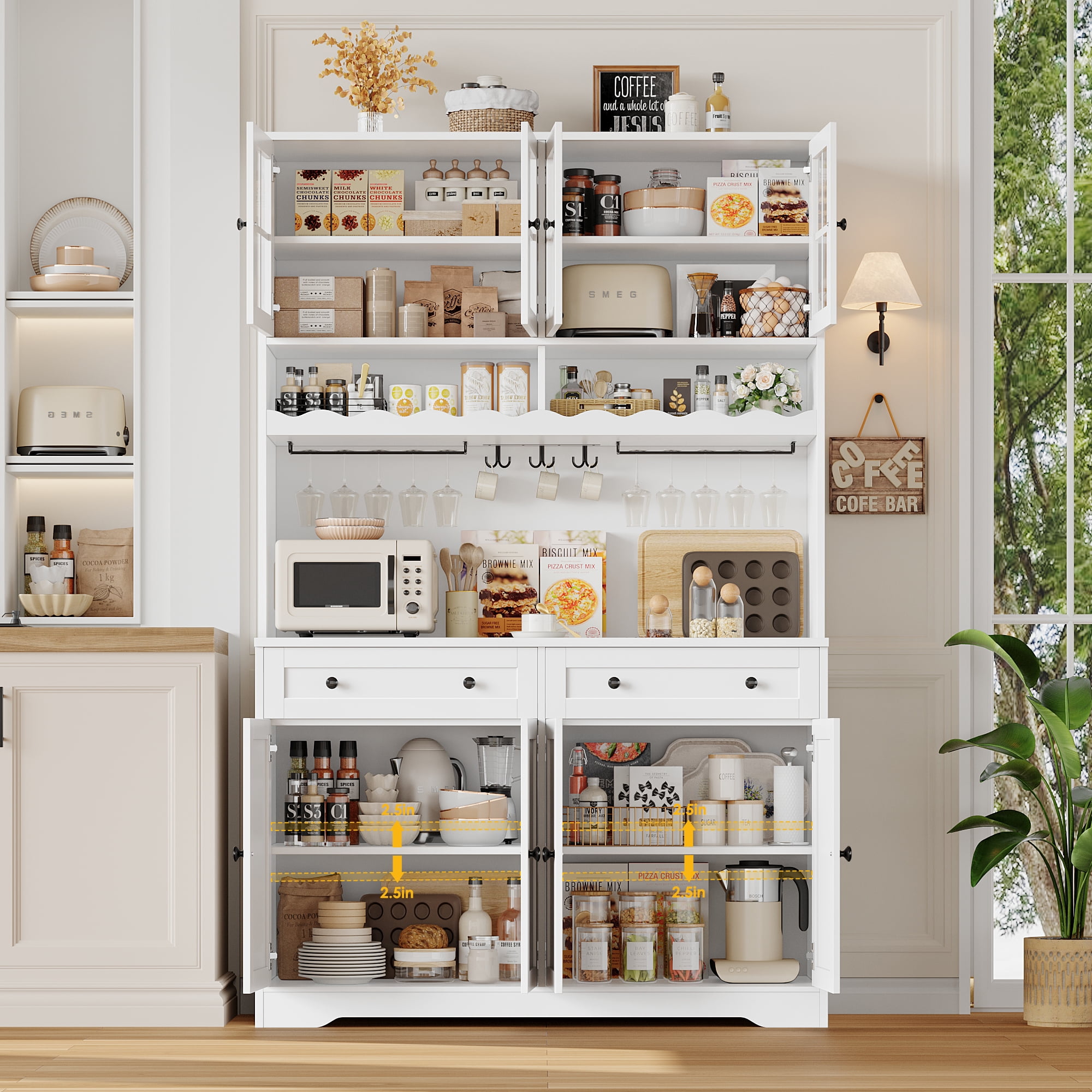 Hiphuta 75"Tall Kitchen Pantry Storage Cabinet with Power Outlet, Large Pantry Cabinet with Microwave Stand, Modern Freestanding Cupboard Hutch for Home Dinning Room, White