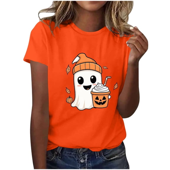 Maplenight Halloween Shirts for Women Cute Ghost Pumpkin Print Halloween Graphic Tee Shirt Short Sleeve Crew Neck Casual Holiday Tees