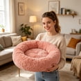 thumbnail image 3 of Fluffy Round Pet Cushion, Ultra Soft Plush Sleeping Bed, Non-Slip Warm Mat for All Season Indoor Pet Rest Light pink 15in, 3 of 7