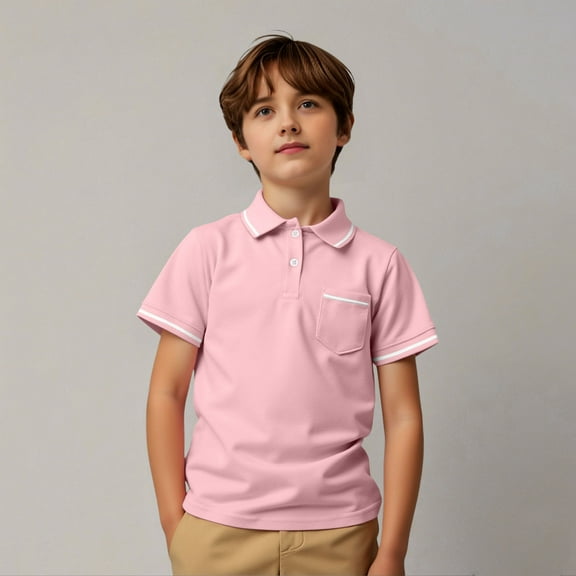 AWZXDE Kids Boys Girls Short Sleeve Shirt Summer Casual Striped Gentleman Polo Holiday Shirts With Pocket Button Down Collar Casual Top Pink,3-4 Years