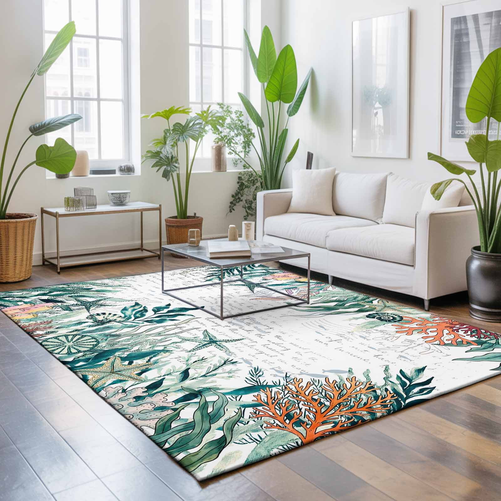 Area Rugs 3'x5', Coastal Green Seaweed Carpet Runner Indoor Outdoor Rugs Home Decor Aesthetic, Summer Beach Coral Starfish Retro Non Slip Mats Washable Accent Rug for Living Room Bedroom