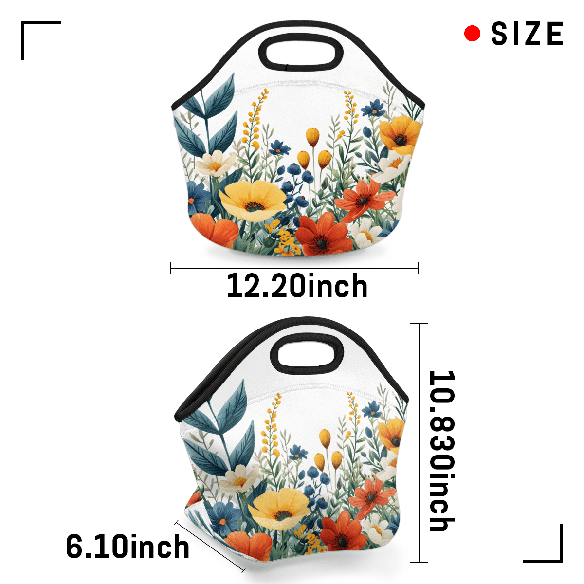 Herdesigns Watercolor Floral Neoprene Lunch Bag, Colorful Flower Insulated Lunch Box for Women Men Washable Lunch Tote Soft Lunch Container With Zipper for Work Picnic Travel