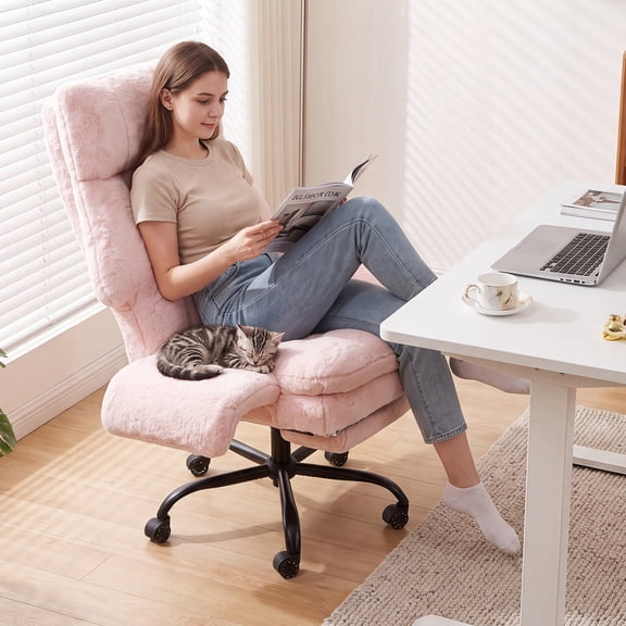 Criss Cross Desk Chair, Cross Legged Office Chair with Wheels, Pink Boucle Big and Tall Reclining Office Chair 500lbs with Foot Rest, Reversible Armrests & Wide Seat